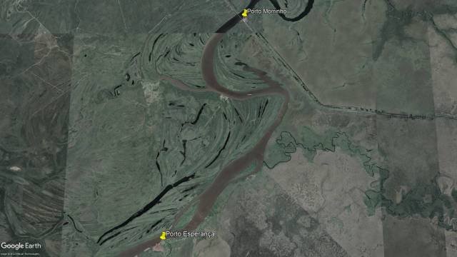 As localidades de Porto Morrinho e de Porto Esperança, no Pantanal do Mato Grosso do Sul. Imagem: Google Earth
